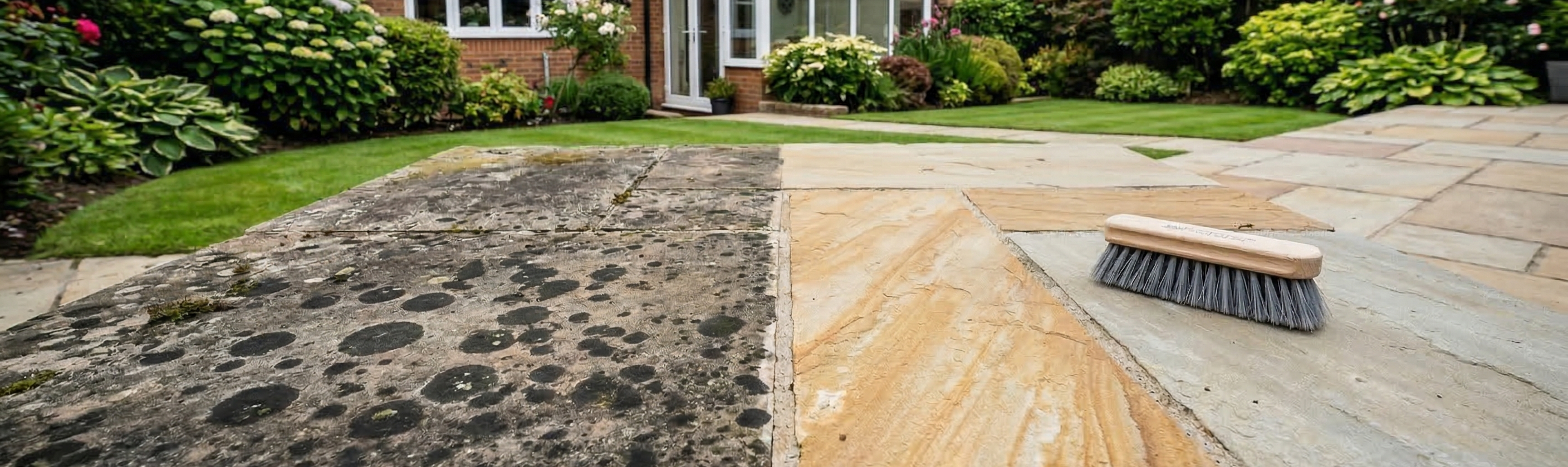 Comparison of black spot lichen on Indian Sandstone before and after professional chemical treatment.