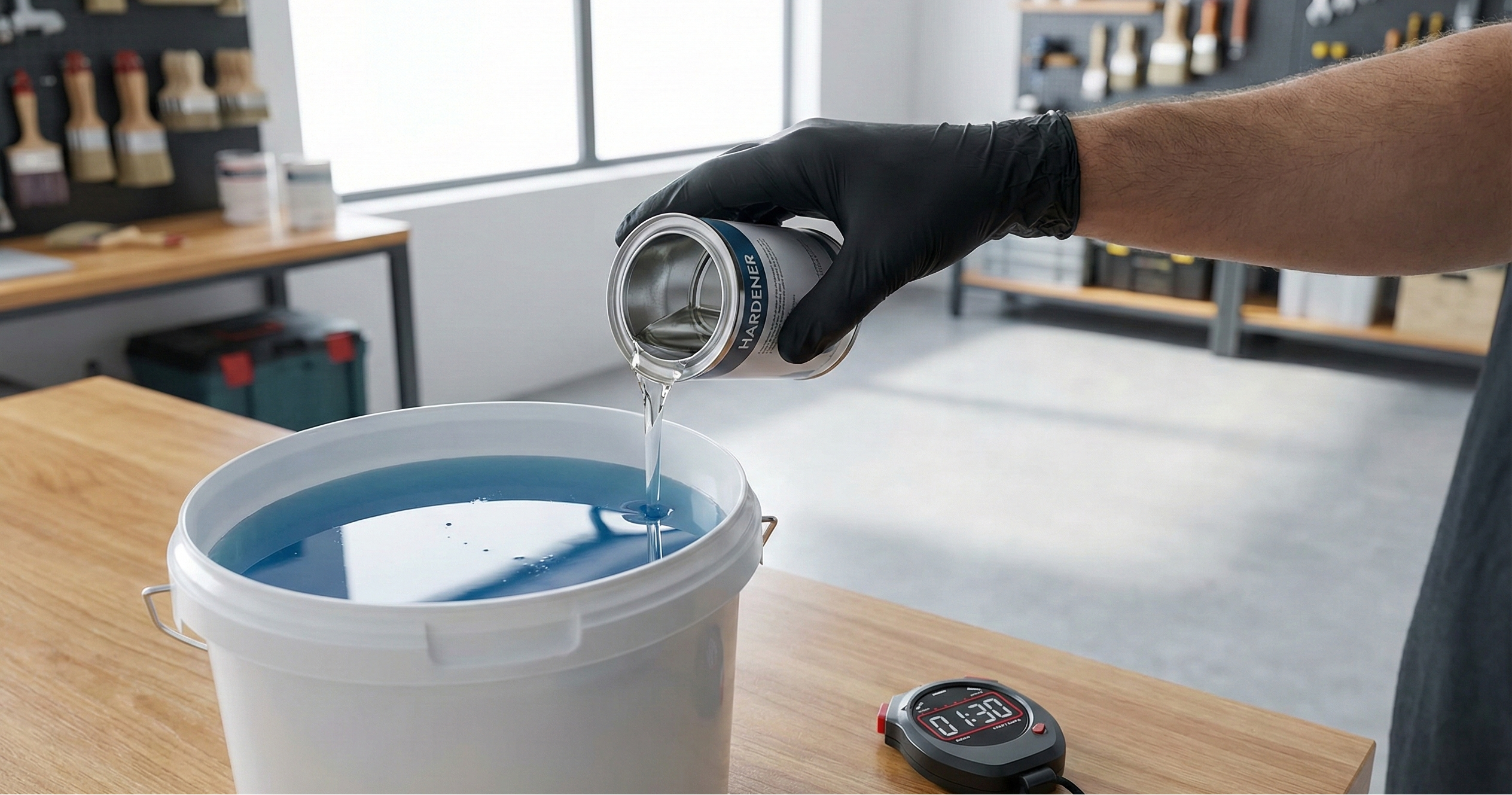 A person mixing a 2-pack epoxy system next to a digital timer to demonstrate pot life.
