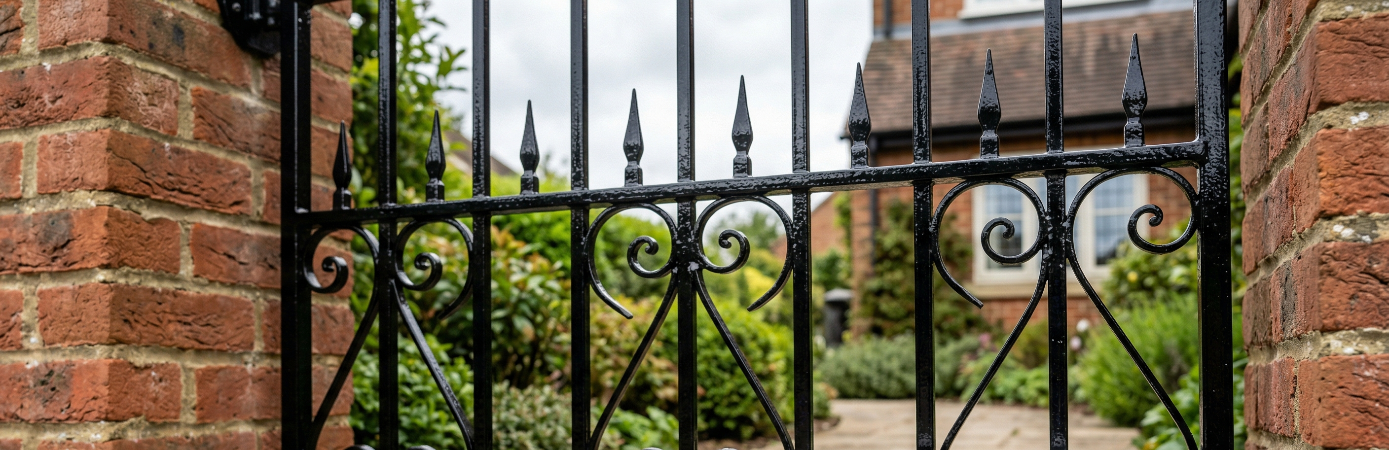 Two tins stenciled with GLOSS and PRIMER sitting near a freshly painted high-gloss black metal gate.