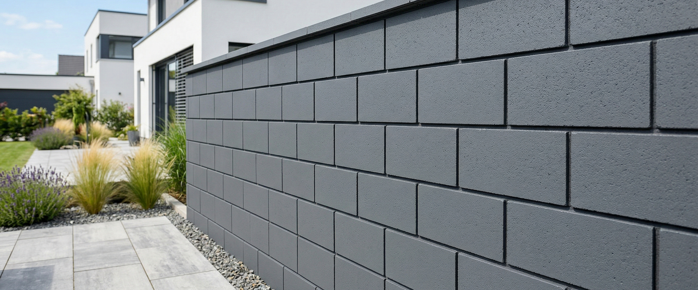 A pristine, freshly painted anthracite gray engineering block wall showing a flawless finish.