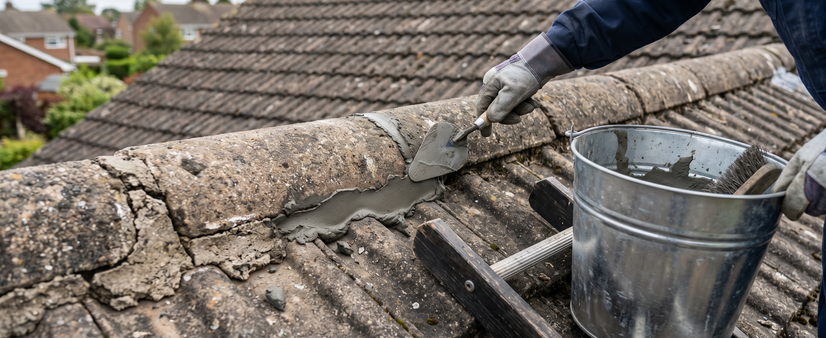 Close-up of fresh mortar application on the verge and ridge of a residential tiled roof.
