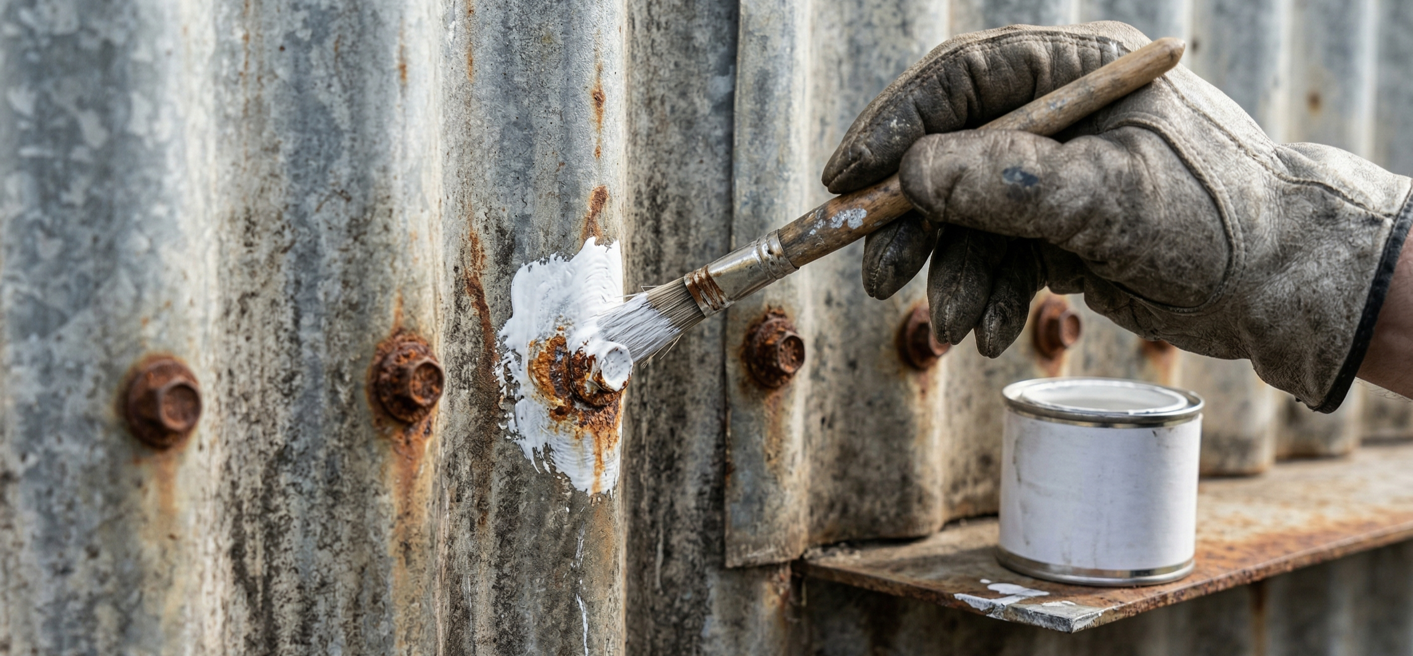 Treating corroded fasteners on warehouse walls with rust converter to prevent orange rust streaks.