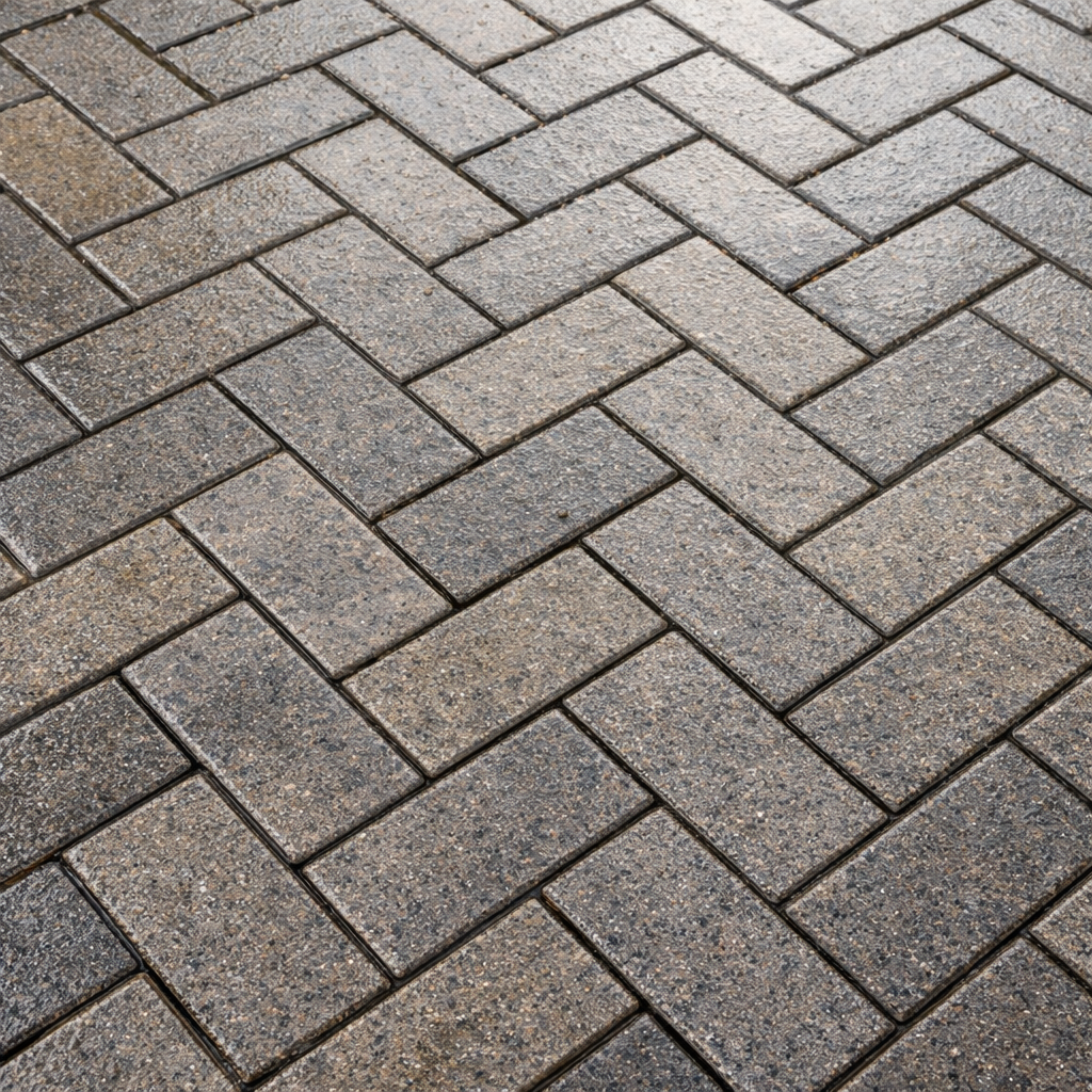 Patterned stone pavement with herringbone design