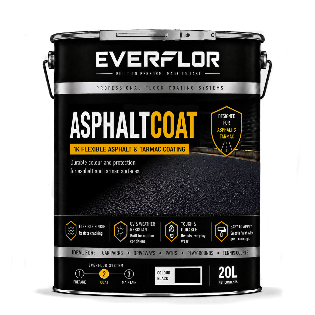 A 20L metal can of Everflor Asphalt Coat 1K Flexible Asphalt & Tarmac Coating in color black, shown on a clean white background.