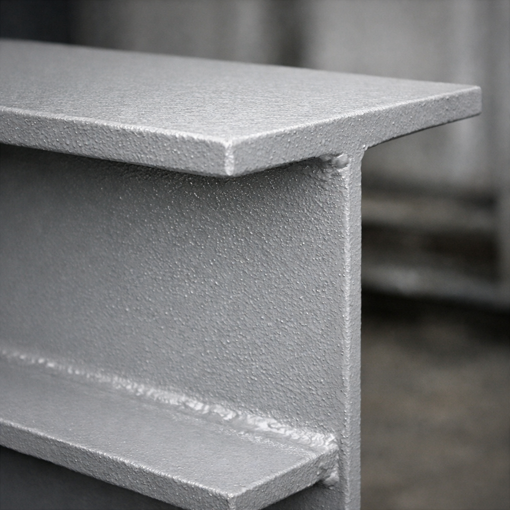 Close-up of a metal I-beam structure with a blurred background