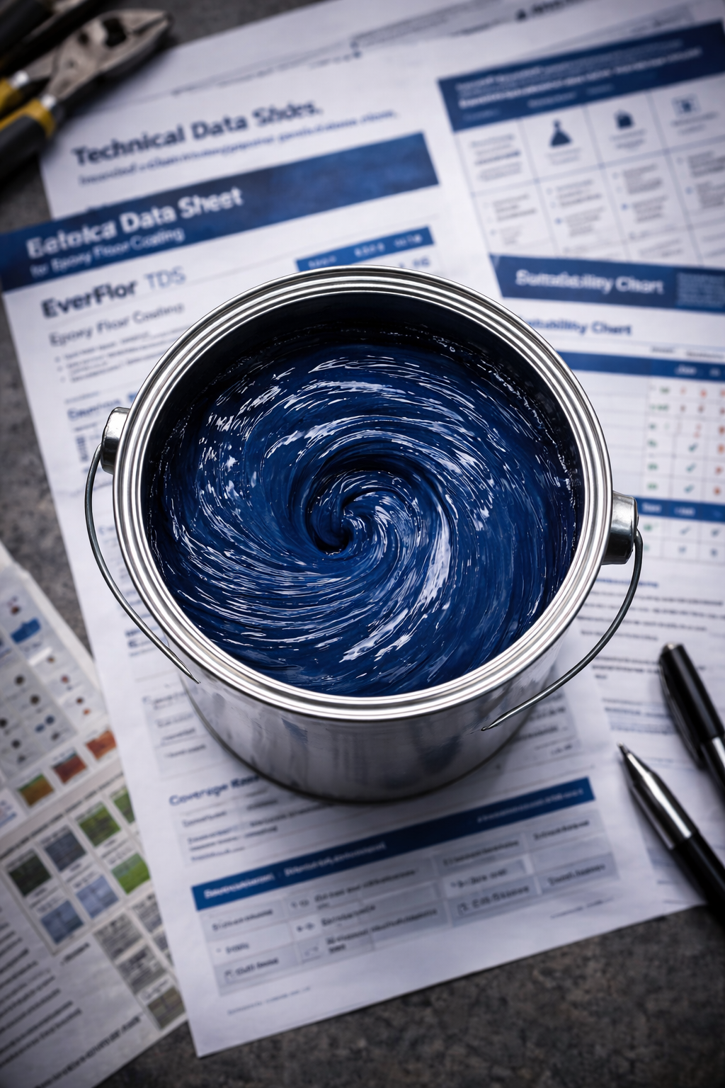 Paint can with blue paint on a technical data sheet