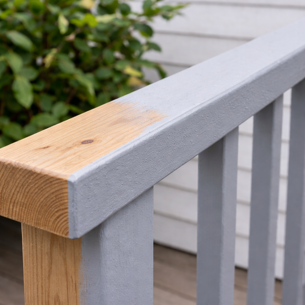 Close-up of a wooden and gray railing on a deck with greenery in the background.