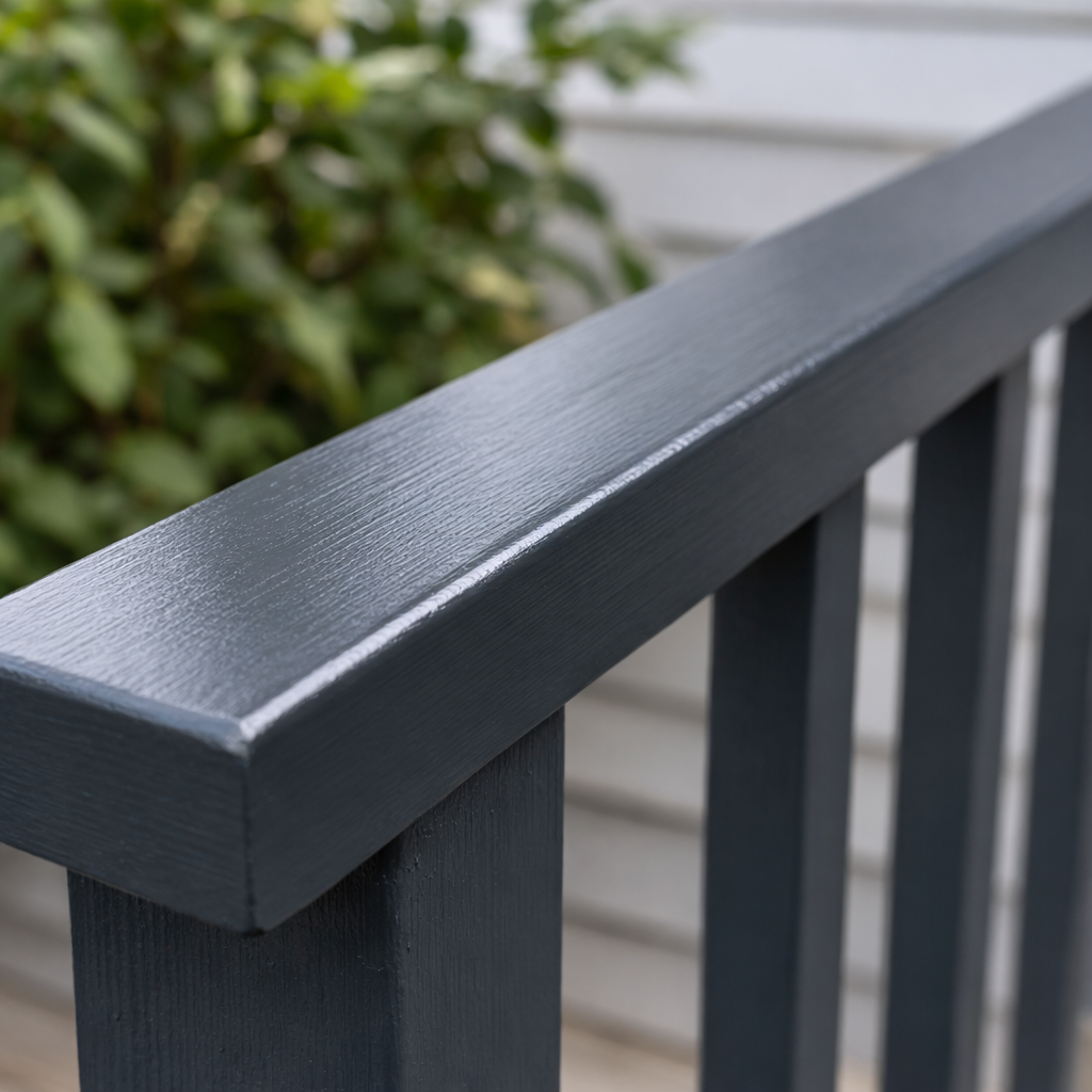Close-up of a dark blue wooden railing with blurred greenery and white wall in the background