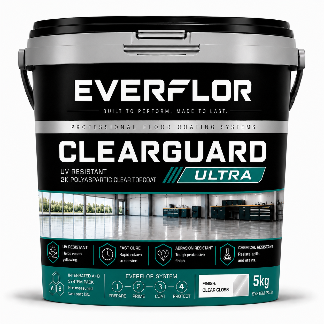 A 5kg bucket of Everflor Clearguard Ultra floor coating, featuring a black and silver label with white and teal text, set against a plain white background.