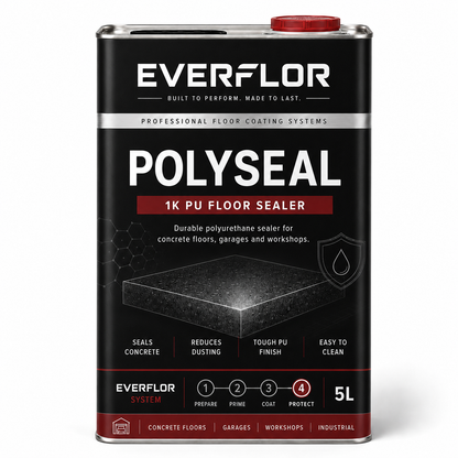 A 5L can of Everflor Polyseal 1K PU Floor Sealer, featuring a black label with white and red text and a red cap, set against a plain white background.