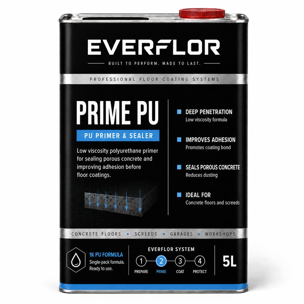 A 5L metal can of Everflor Prime PU PU Primer & Sealer, a professional floor coating system. The canister is black with a red cap, featuring white and blue text and graphics detailing its deep penetration and concrete sealing properties.